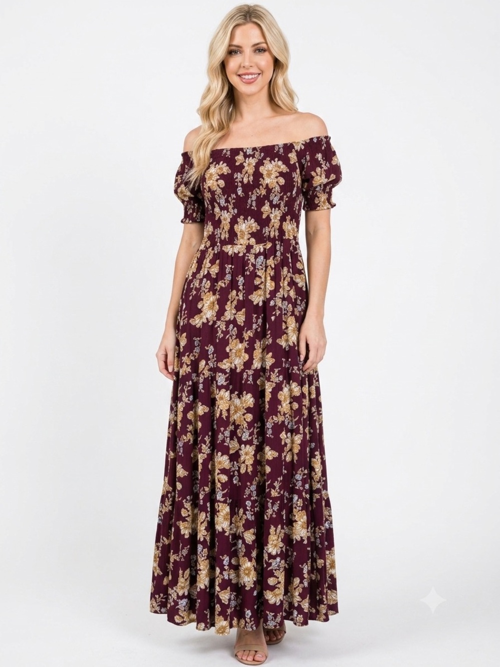 Natural Life Burgundy Floral Smocked Maxi Dress Size M